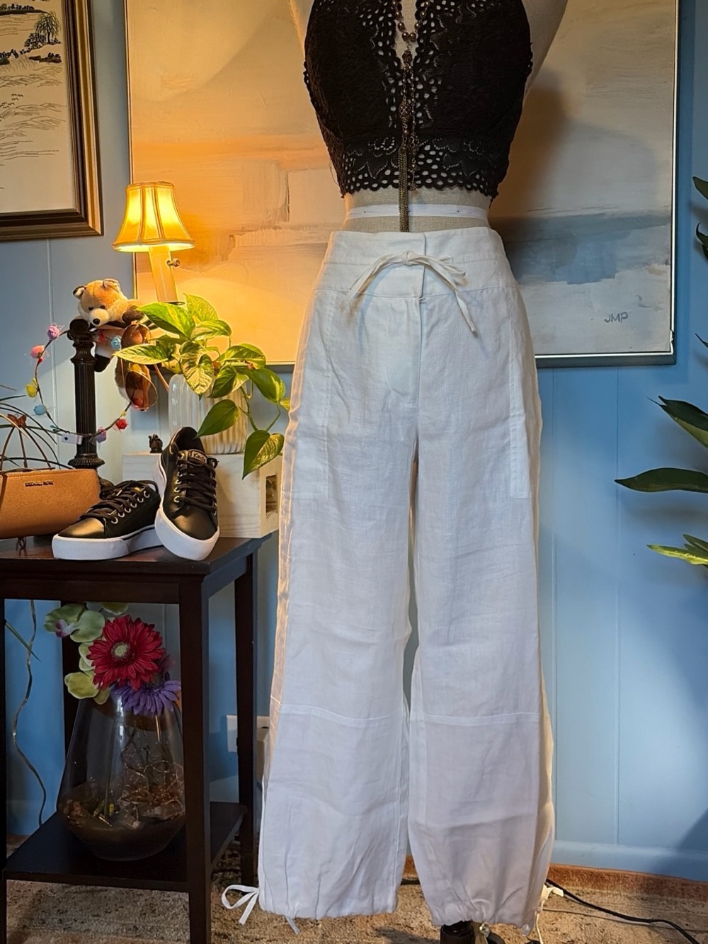 Style & Co. White Drawstring Linen Wide-Leg Pants